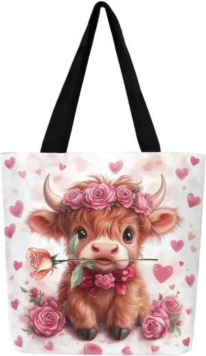 Highland Cattle Canvas Tote Bag,Bohemia Tribal Travel Beach Handbags,Jungle Flower Grocery Bags for Shopping Gym