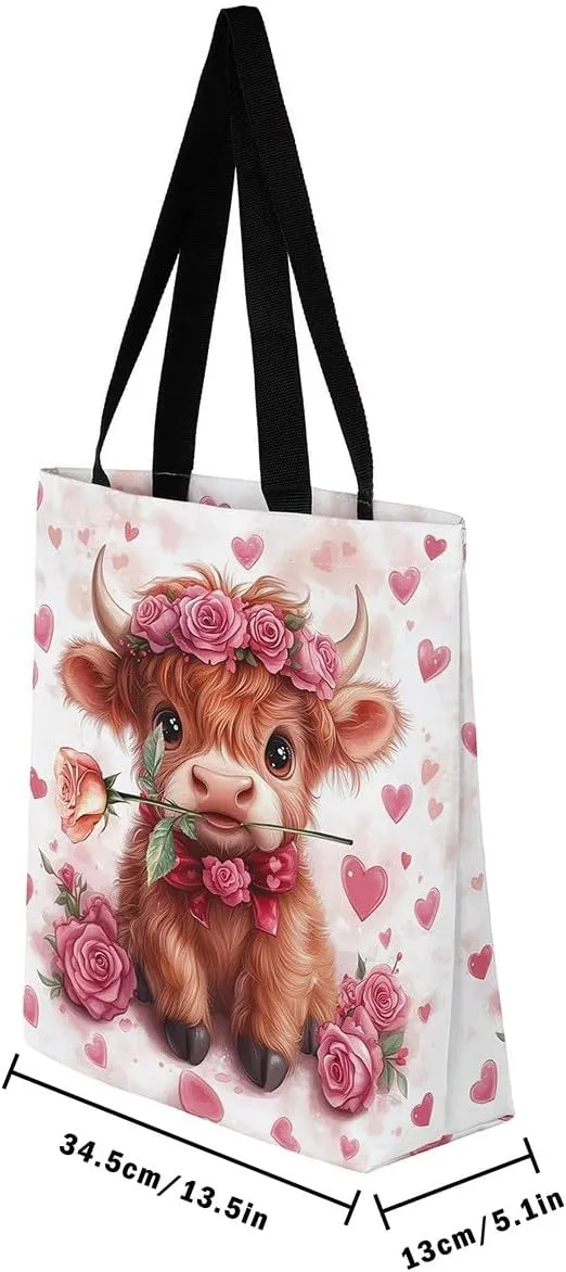 Highland Cattle Canvas Tote Bag,Bohemia Tribal Travel Beach Handbags,Jungle Flower Grocery Bags for Shopping Gym