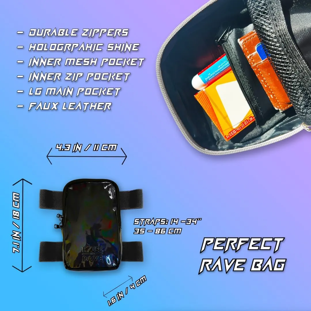 Holographic Thigh Bag w/Inner Pockets & Mesh Backing - Double Zipper Carnival Thigh Bag for Women - Iridescent Leg Bag - Reflective Phone Holder (Black)
