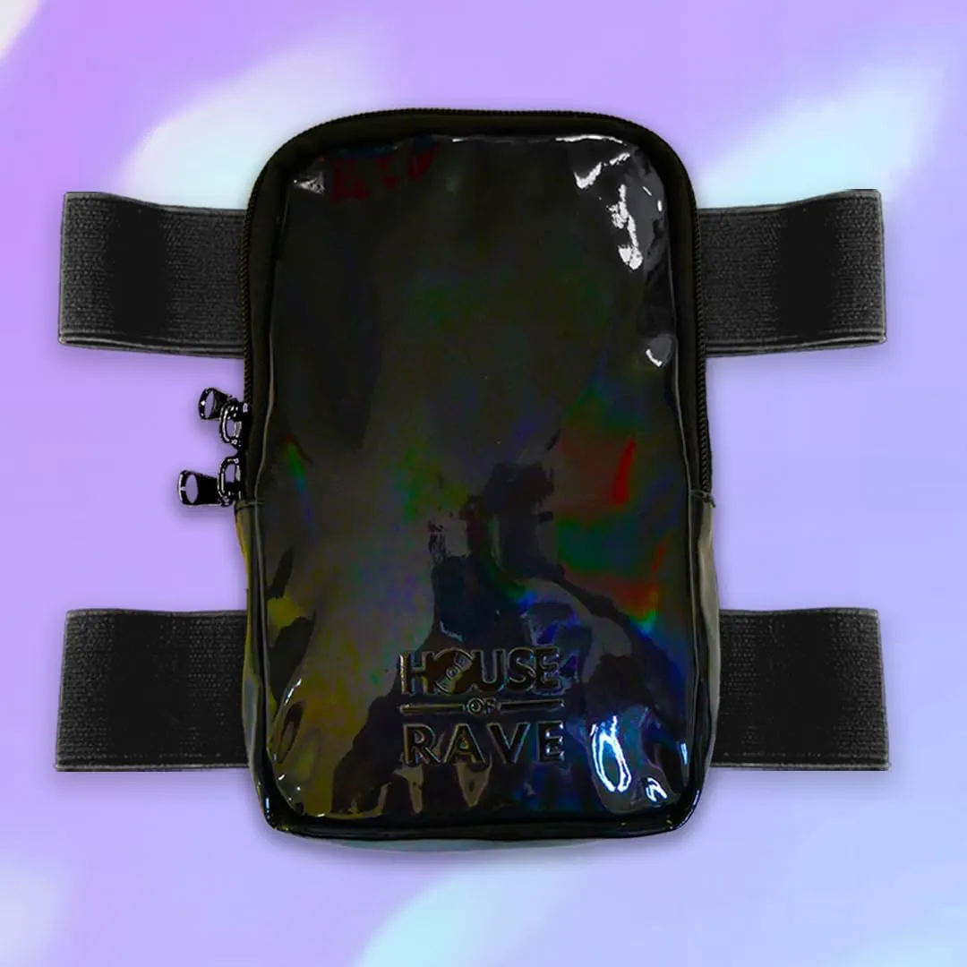 Holographic Thigh Bag w/Inner Pockets & Mesh Backing - Double Zipper Carnival Thigh Bag for Women - Iridescent Leg Bag - Reflective Phone Holder (Black)