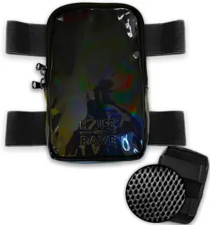 Holographic Thigh Bag w/Inner Pockets & Mesh Backing - Double Zipper Carnival Thigh Bag for Women - Iridescent Leg Bag - Reflective Phone Holder (Black)