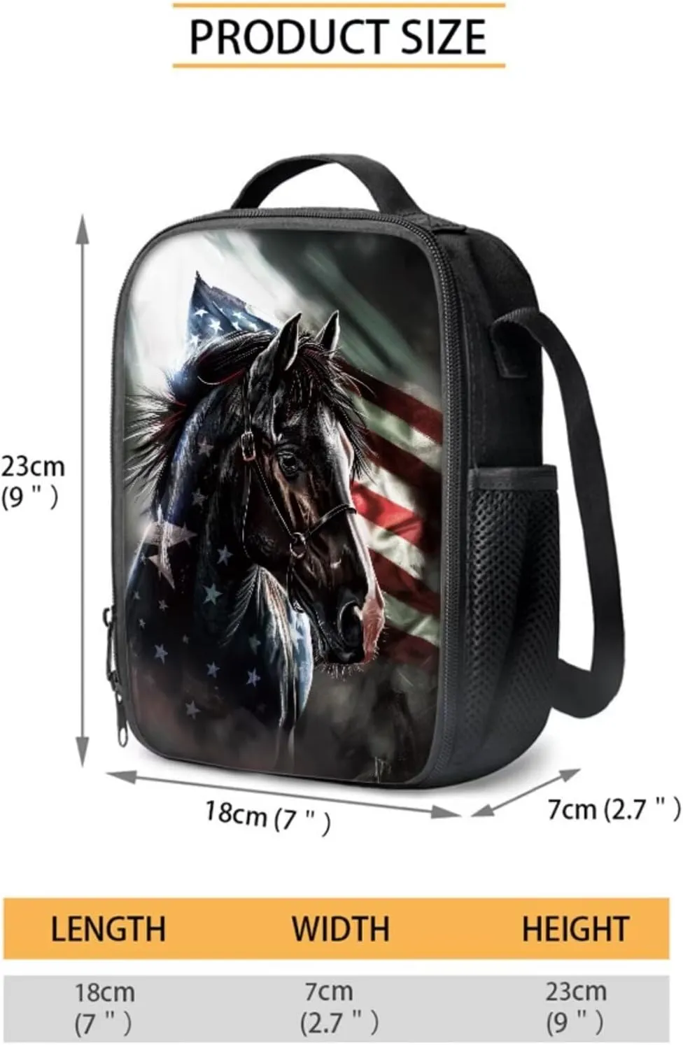 Horse Kids Backpack Elementary School Bookbag Lunch Bag Pencil Case Set of 3 American Flag Print Kindergarten Preschool School Bag for Chidren Student Teen Age 6-8 8-10