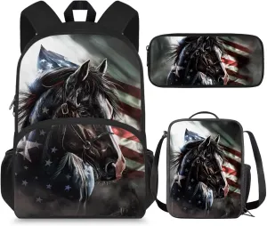 Horse Kids Backpack Elementary School Bookbag Lunch Bag Pencil Case Set of 3 American Flag Print Kindergarten Preschool School Bag for Chidren Student Teen Age 6-8 8-10