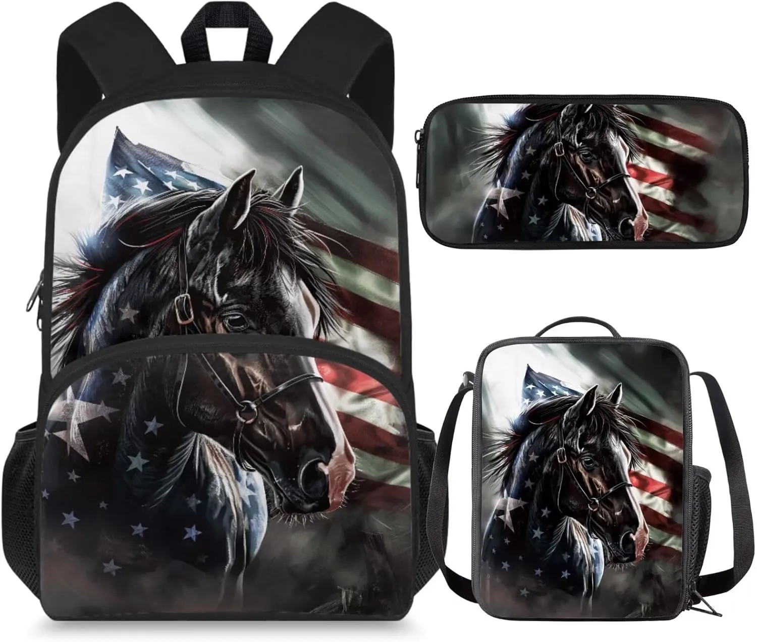 Horse Kids Backpack Elementary School Bookbag Lunch Bag Pencil Case Set of 3 American Flag Print Kindergarten Preschool School Bag for Chidren Student Teen Age 6-8 8-10