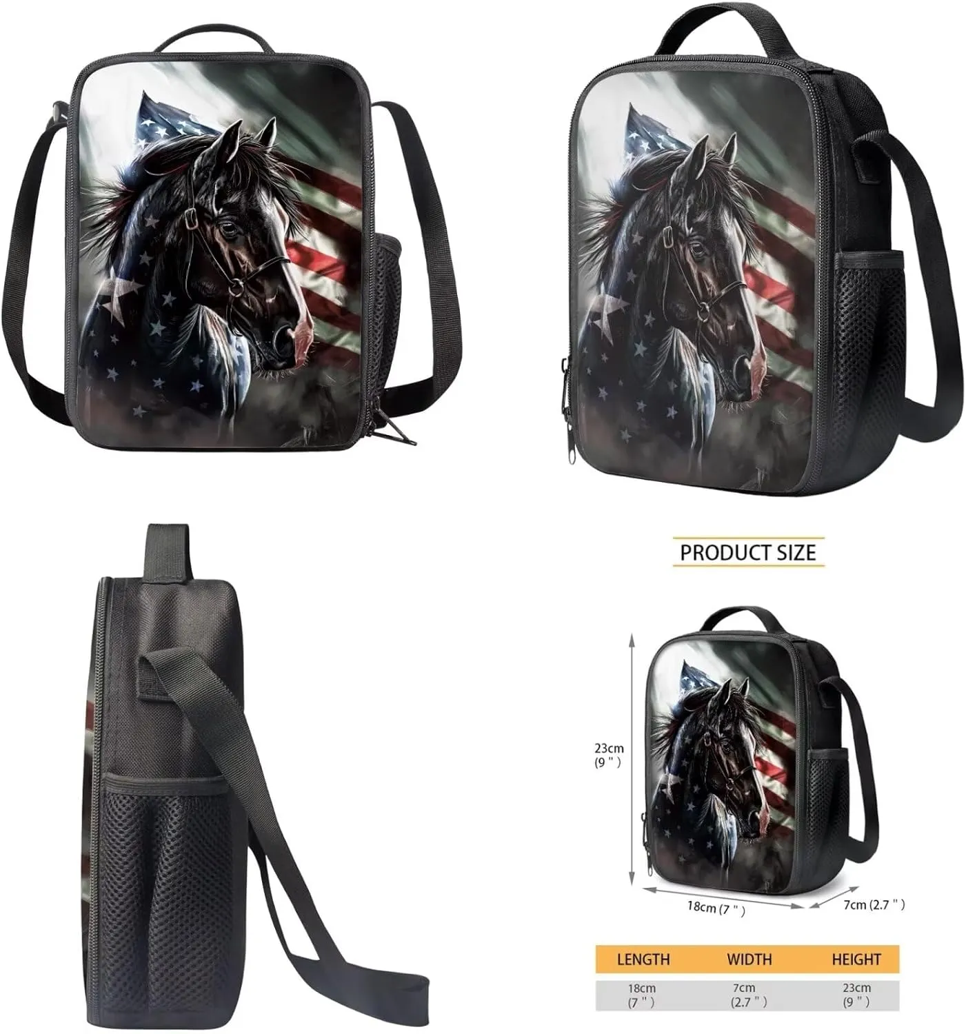 Horse Kids Backpack Elementary School Bookbag Lunch Bag Pencil Case Set of 3 American Flag Print Kindergarten Preschool School Bag for Chidren Student Teen Age 6-8 8-10