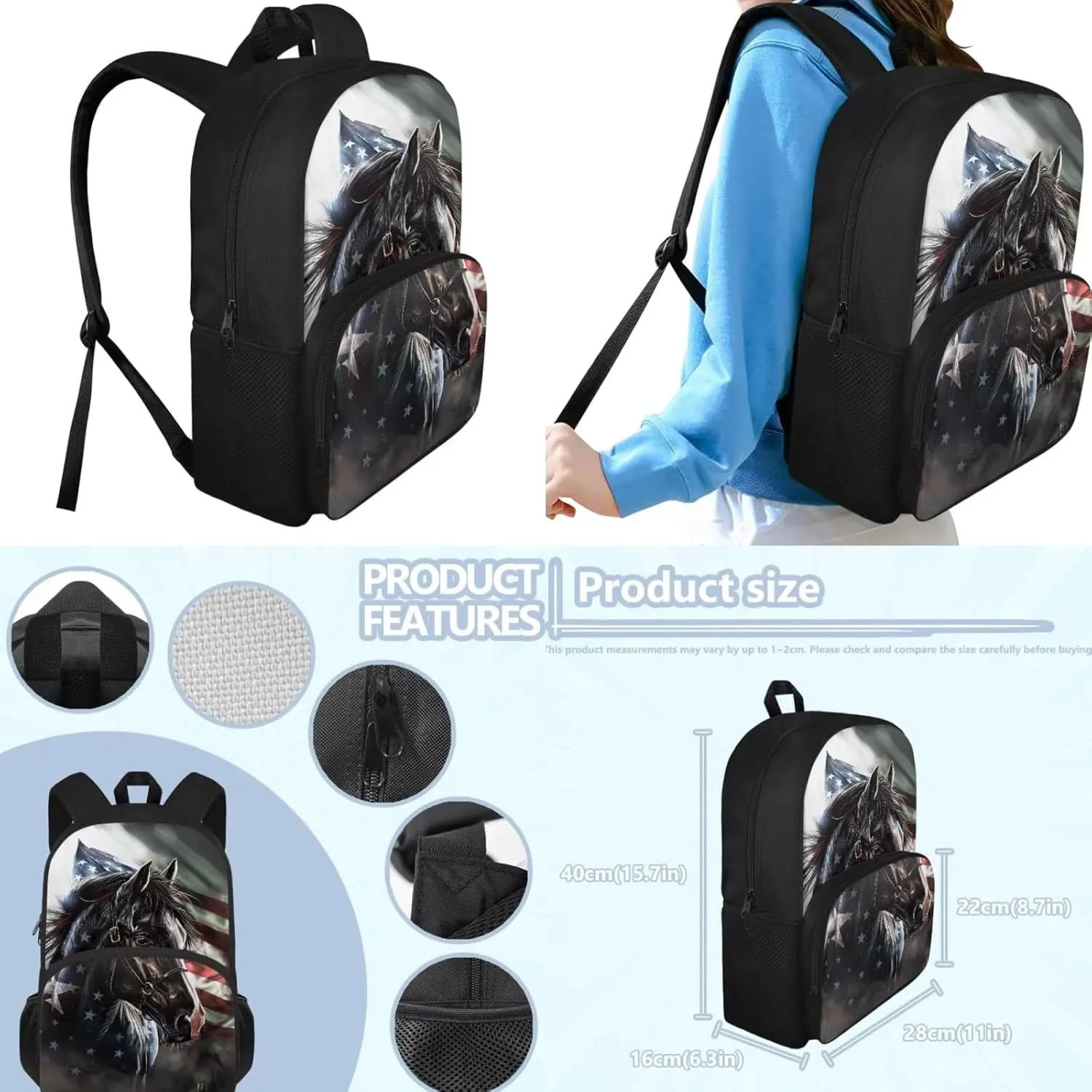 Horse Kids Backpack Elementary School Bookbag Lunch Bag Pencil Case Set of 3 American Flag Print Kindergarten Preschool School Bag for Chidren Student Teen Age 6-8 8-10
