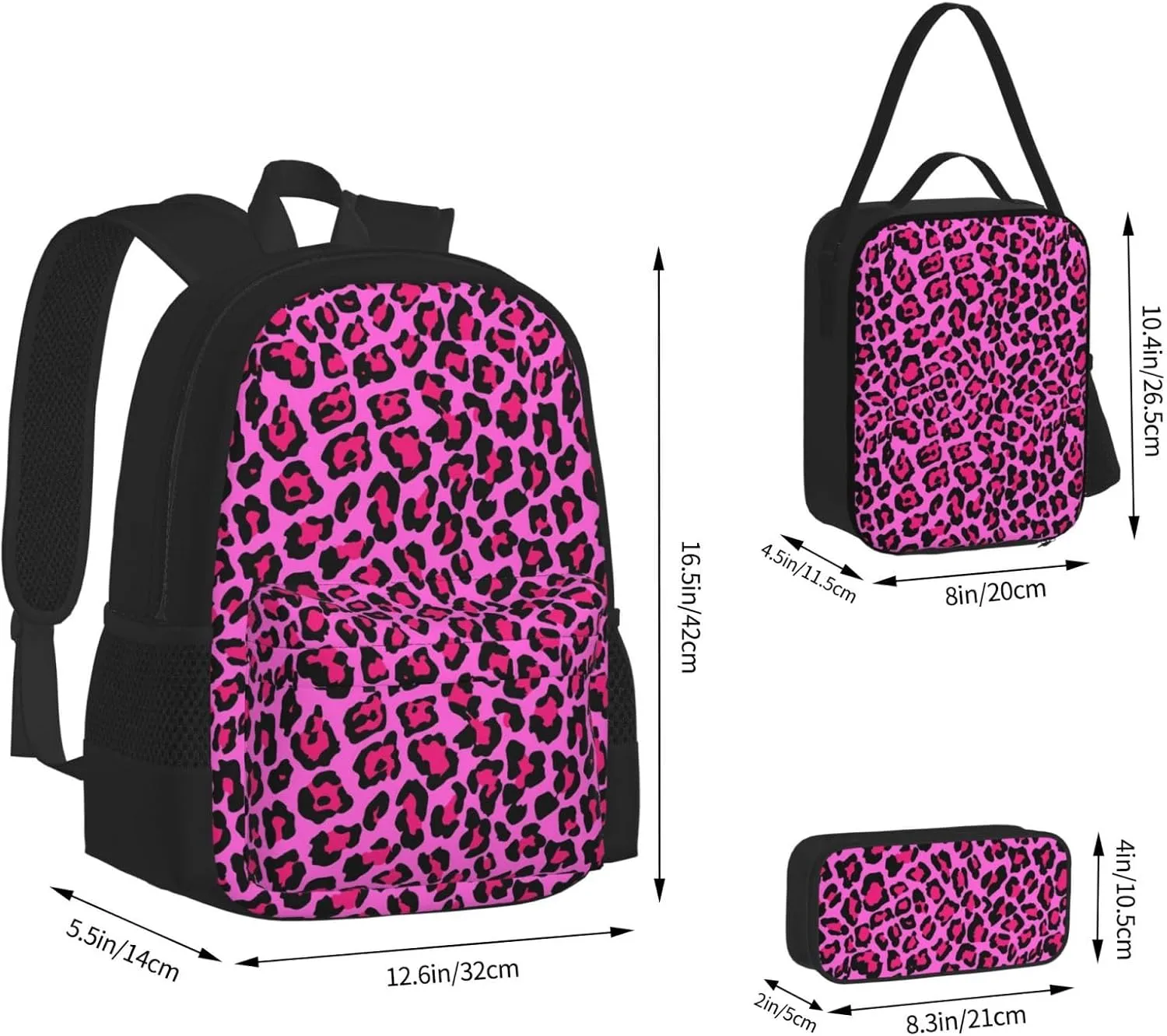 Hot Pink Leopard Multifunctional Pocket Backpack Crossbody Lunch Bag Pencil Case 3Pcs Set Large Capacity Backpack