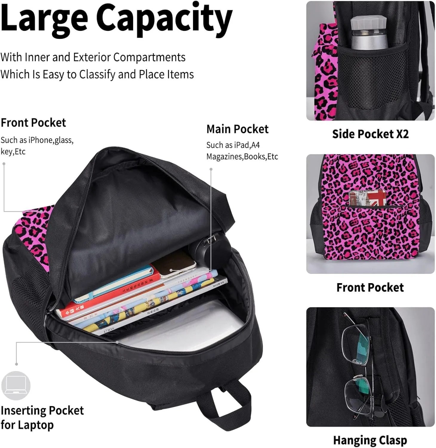Hot Pink Leopard Multifunctional Pocket Backpack Crossbody Lunch Bag Pencil Case 3Pcs Set Large Capacity Backpack