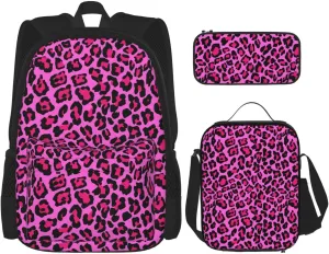 Hot Pink Leopard Multifunctional Pocket Backpack Crossbody Lunch Bag Pencil Case 3Pcs Set Large Capacity Backpack