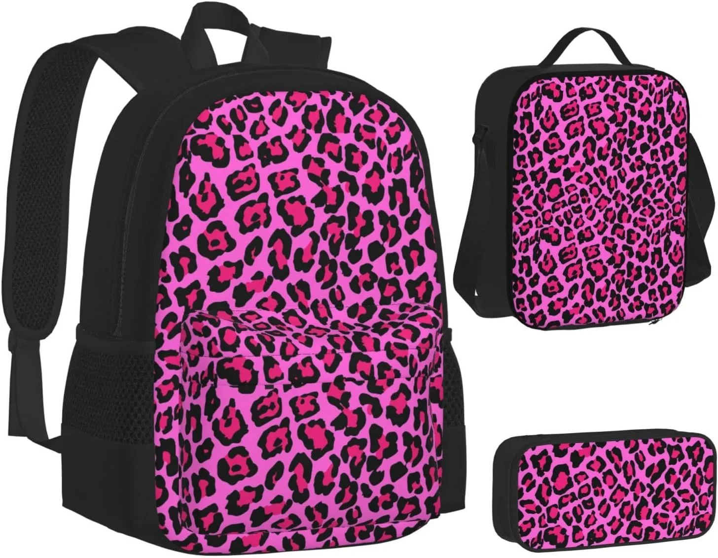 Hot Pink Leopard Multifunctional Pocket Backpack Crossbody Lunch Bag Pencil Case 3Pcs Set Large Capacity Backpack