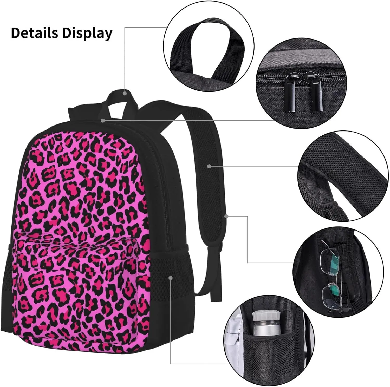 Hot Pink Leopard Multifunctional Pocket Backpack Crossbody Lunch Bag Pencil Case 3Pcs Set Large Capacity Backpack