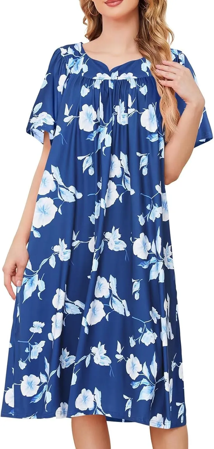 House Dresses for Women with Pockets Moo Moo Nightgown Short Sleeve Mumu Dress Lounge Dress S-3XL
