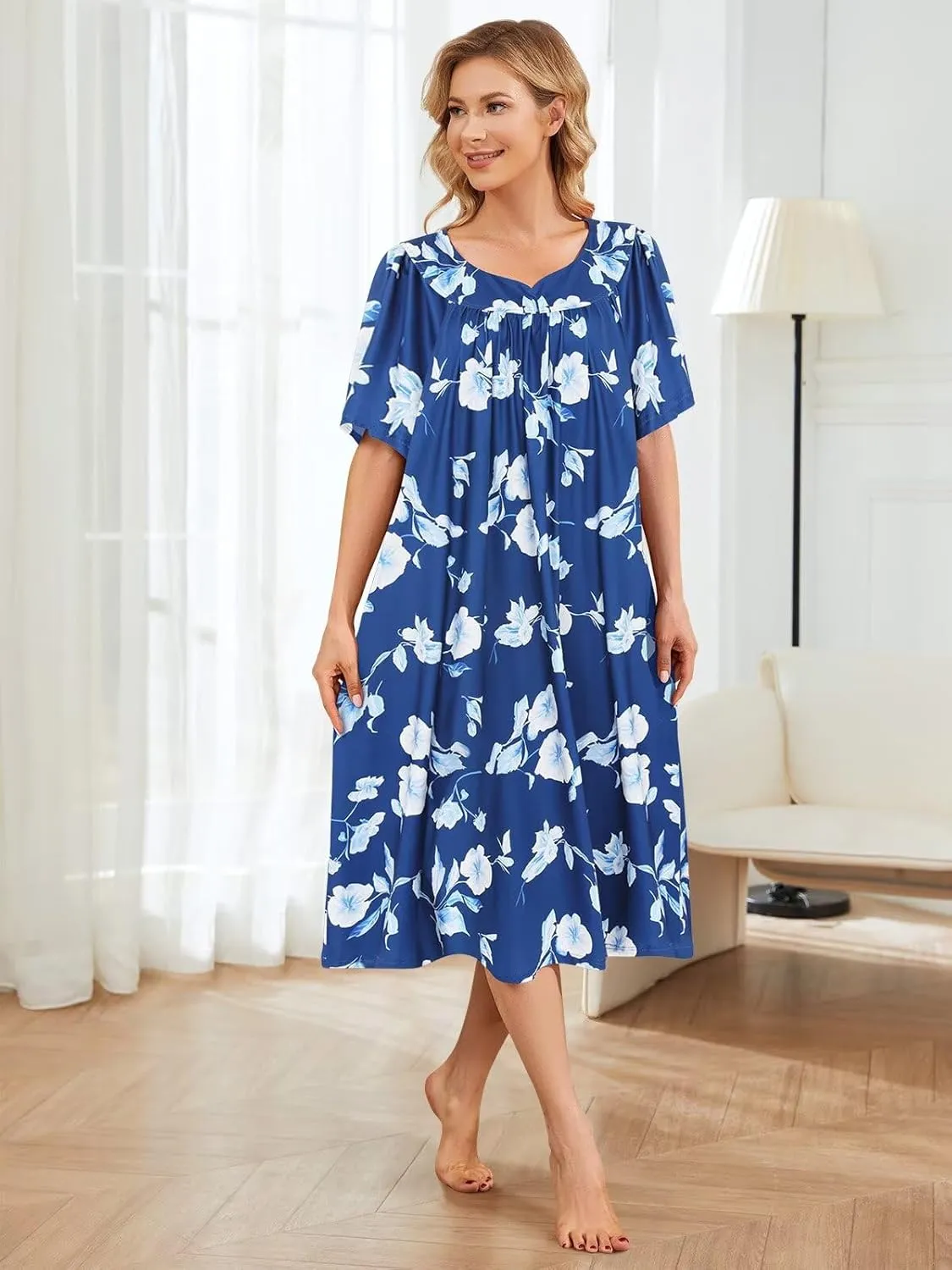House Dresses for Women with Pockets Moo Moo Nightgown Short Sleeve Mumu Dress Lounge Dress S-3XL