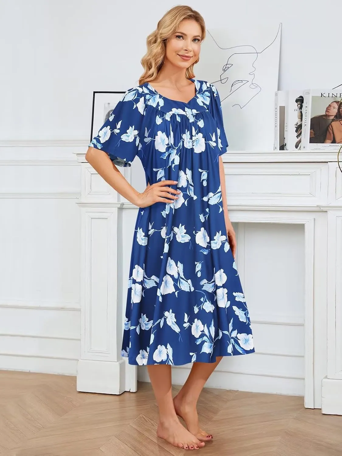 House Dresses for Women with Pockets Moo Moo Nightgown Short Sleeve Mumu Dress Lounge Dress S-3XL