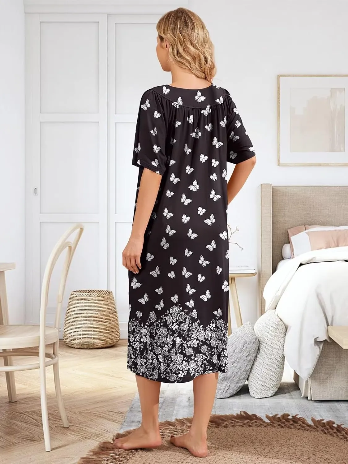 House Dresses for Women with Pockets Moo Moo Nightgown Short Sleeve Mumu Dress Lounge Dress S-3XL