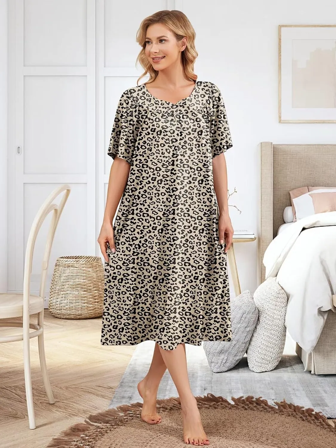 House Dresses for Women with Pockets Moo Moo Nightgown Short Sleeve Mumu Dress Lounge Dress S-3XL