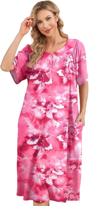 House Dresses for Women with Pockets Moo Moo Nightgown Short Sleeve Mumu Dress Lounge Dress S-3XL