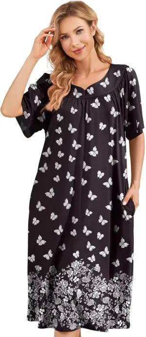 House Dresses for Women with Pockets Moo Moo Nightgown Short Sleeve Mumu Dress Lounge Dress S-3XL