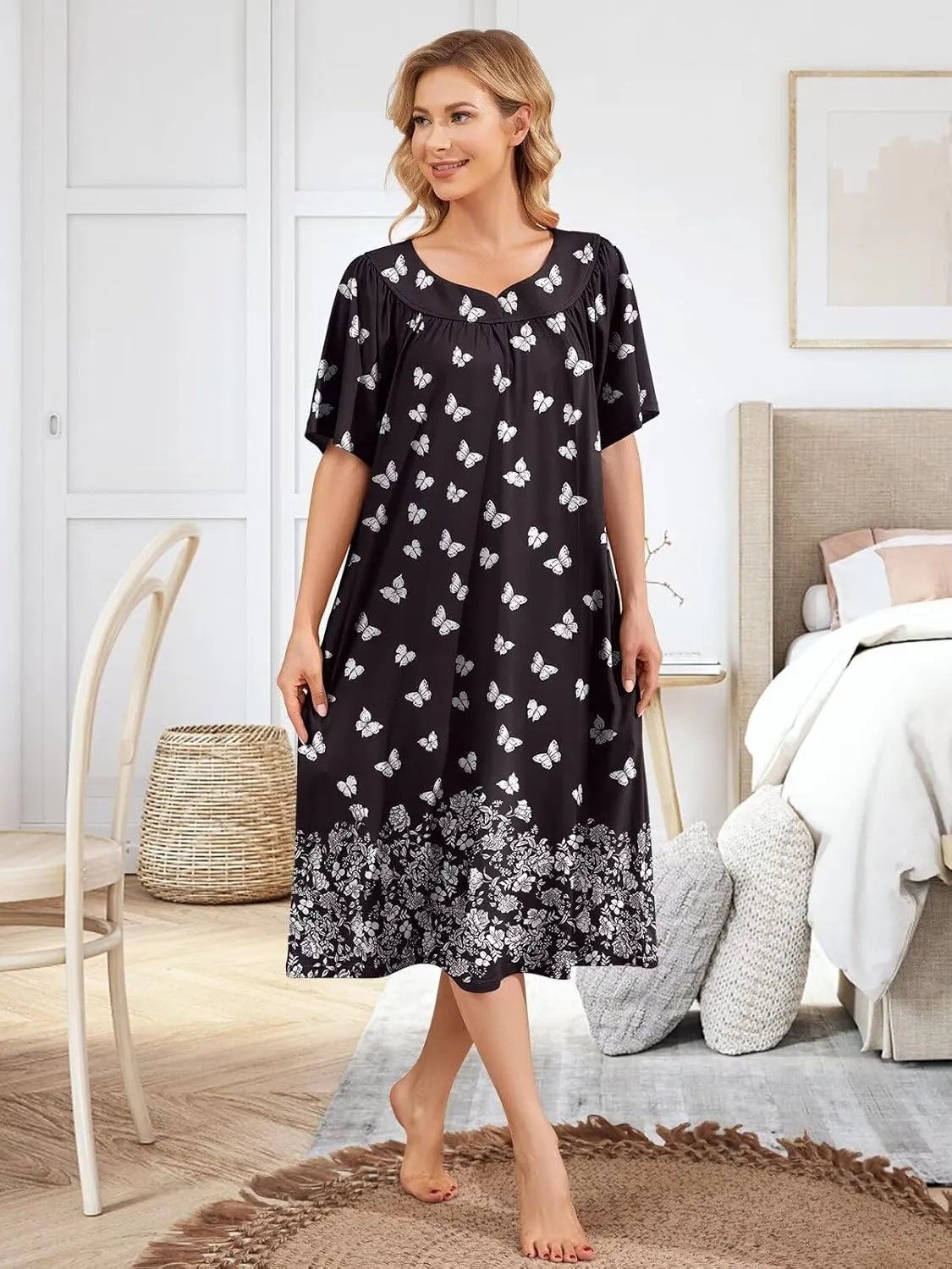 House Dresses for Women with Pockets Moo Moo Nightgown Short Sleeve Mumu Dress Lounge Dress S-3XL