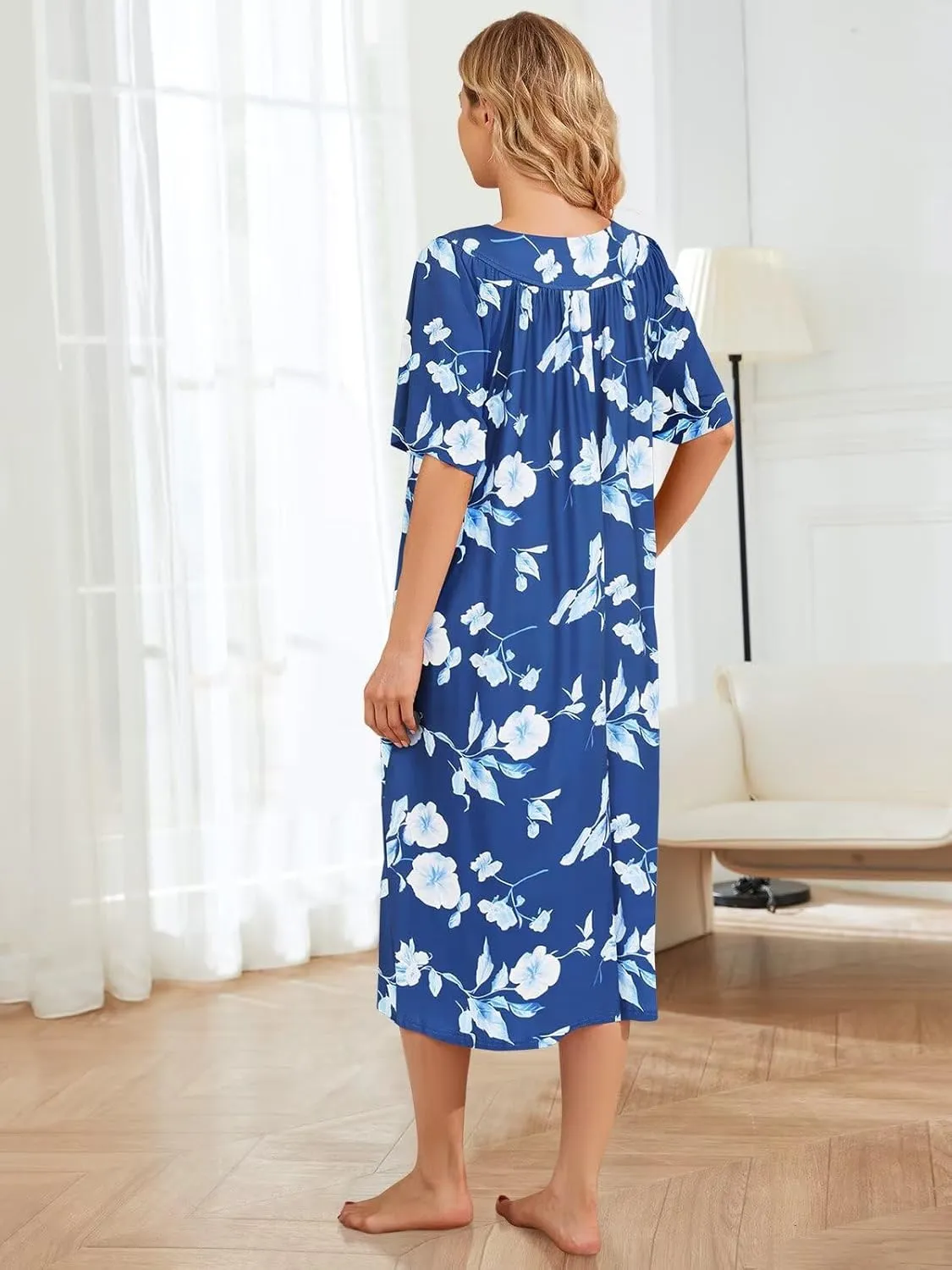 House Dresses for Women with Pockets Moo Moo Nightgown Short Sleeve Mumu Dress Lounge Dress S-3XL