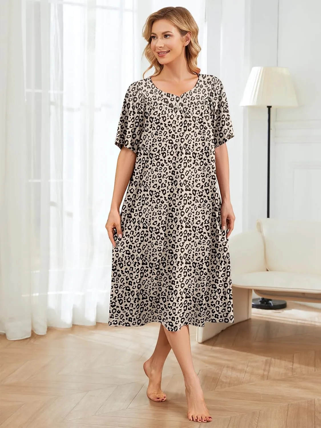 House Dresses for Women with Pockets Moo Moo Nightgown Short Sleeve Mumu Dress Lounge Dress S-4XL