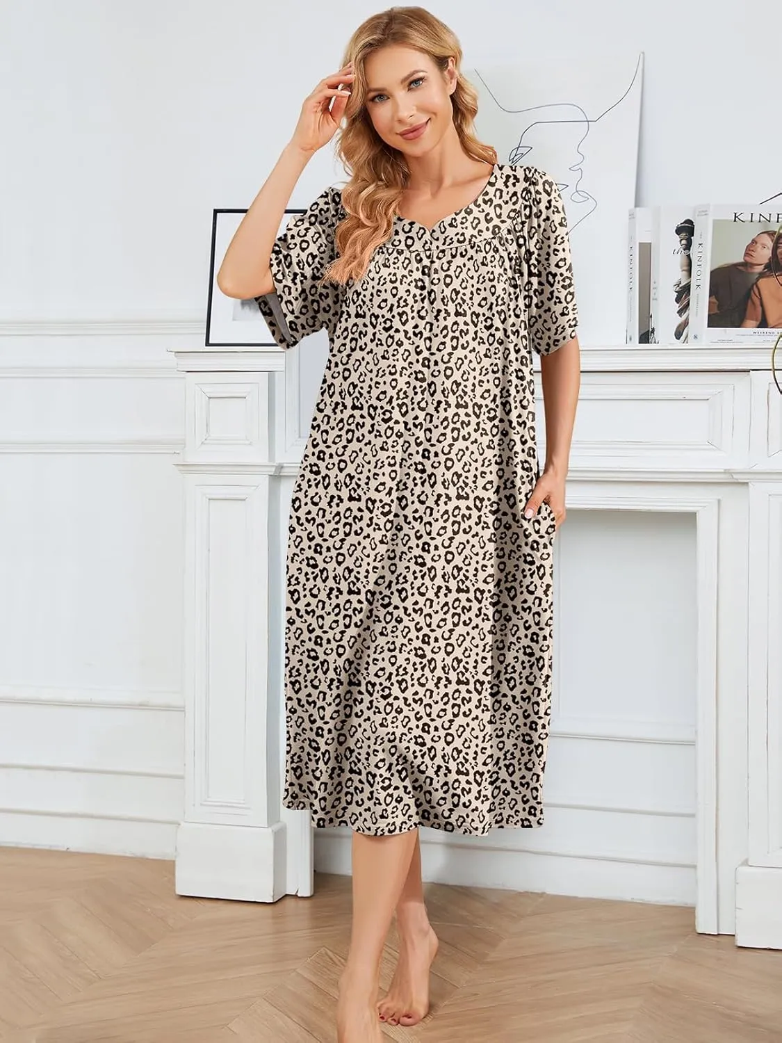 House Dresses for Women with Pockets Moo Moo Nightgown Short Sleeve Mumu Dress Lounge Dress S-4XL