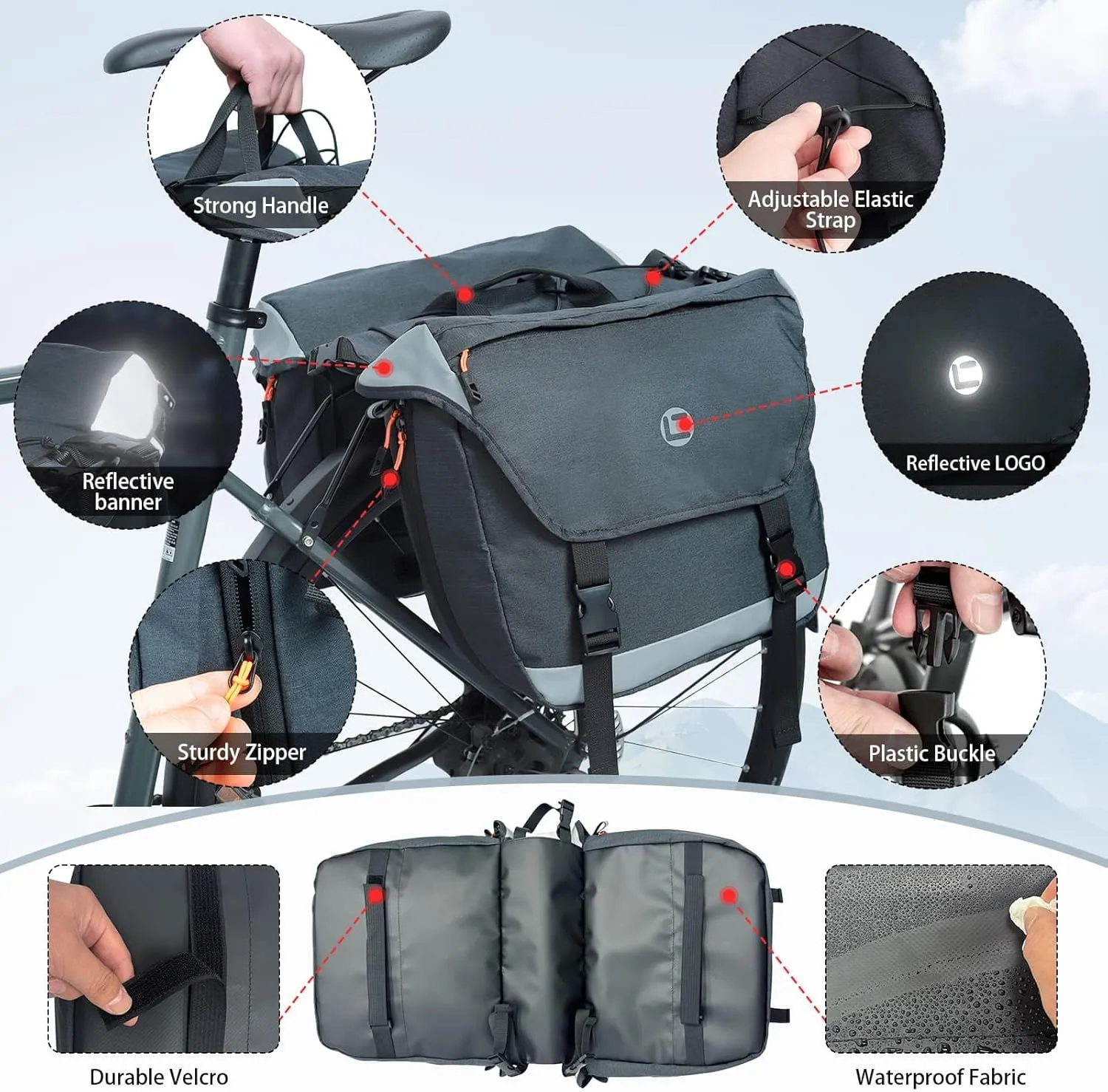 HuiJuKeJi Bike Rear Double Pannier Bag,35L Expandable Capacity Waterproof Cargo Carrier Rear Rack Saddle Bag for Bike&Ebike,Reflective Storage Luggage Bike Accessories for Outdoor Commute Travel