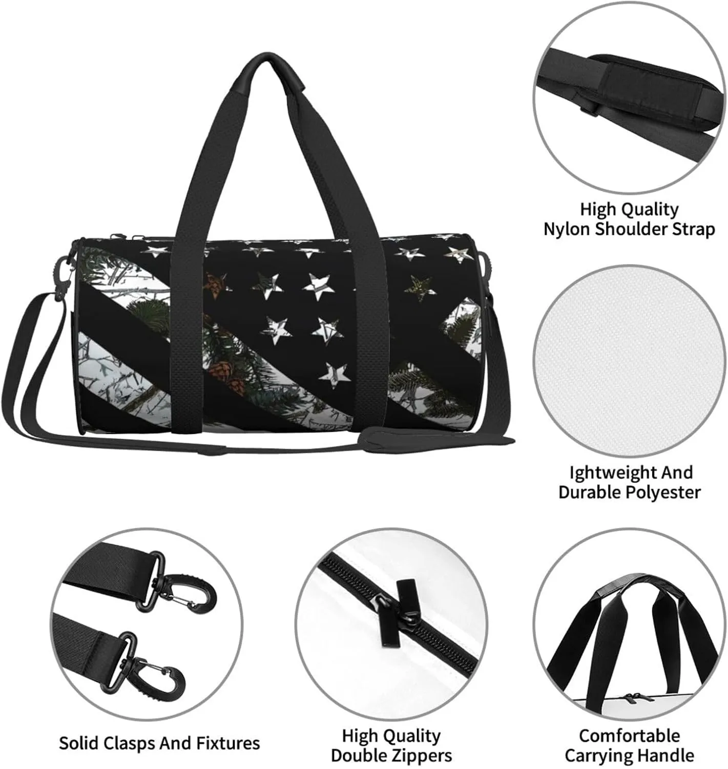 Hunting Snow Camouflage Flag Round Travel Duffel Bag Large Capacity Gym Sports Bags for Hiking Vacation Trips
