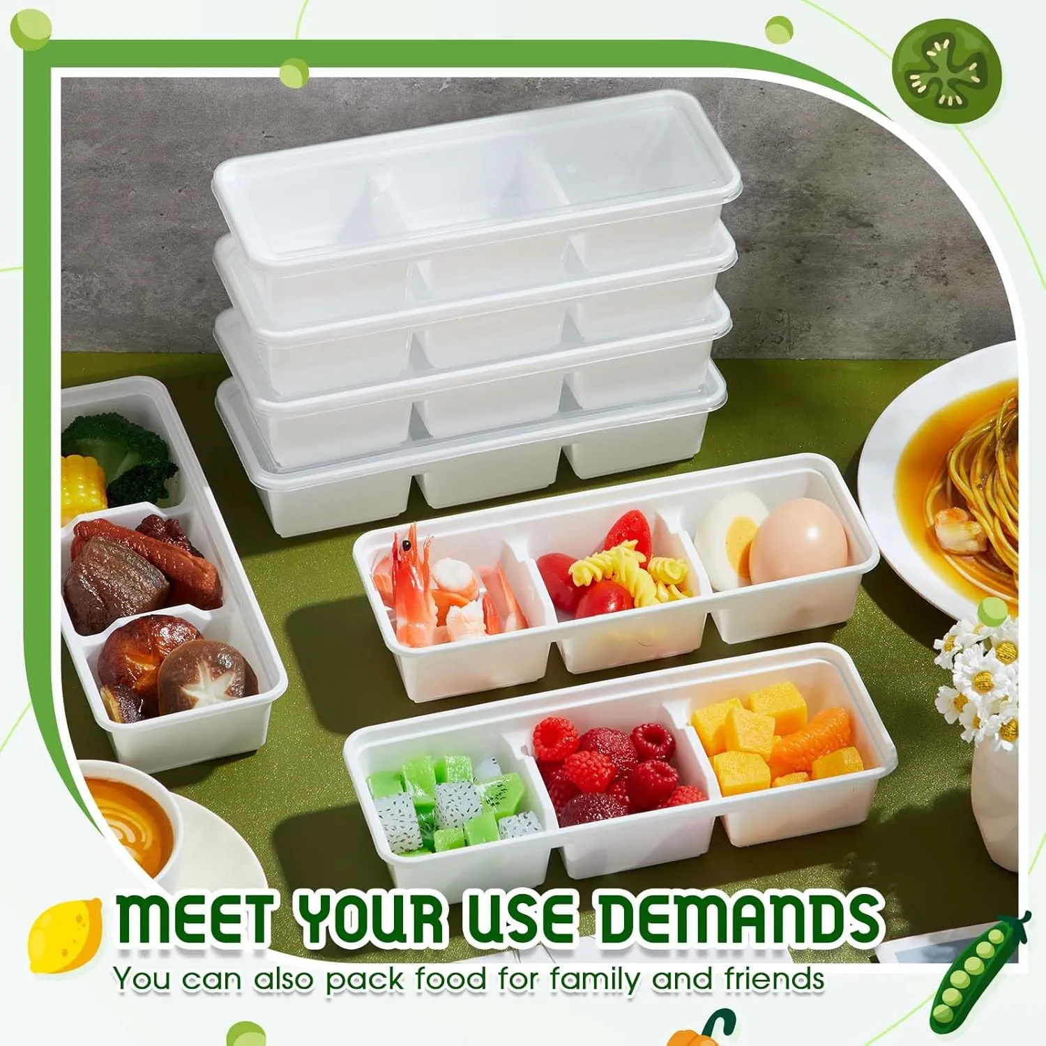 Hushee 50 Pack 17 oz Small Meal Prep Containers 3 Compartments with Lids, Disposable Plastic Bento Boxes Reusable Stackable Food Containers Travel Lunch Boxes for Office, Picnic (White)