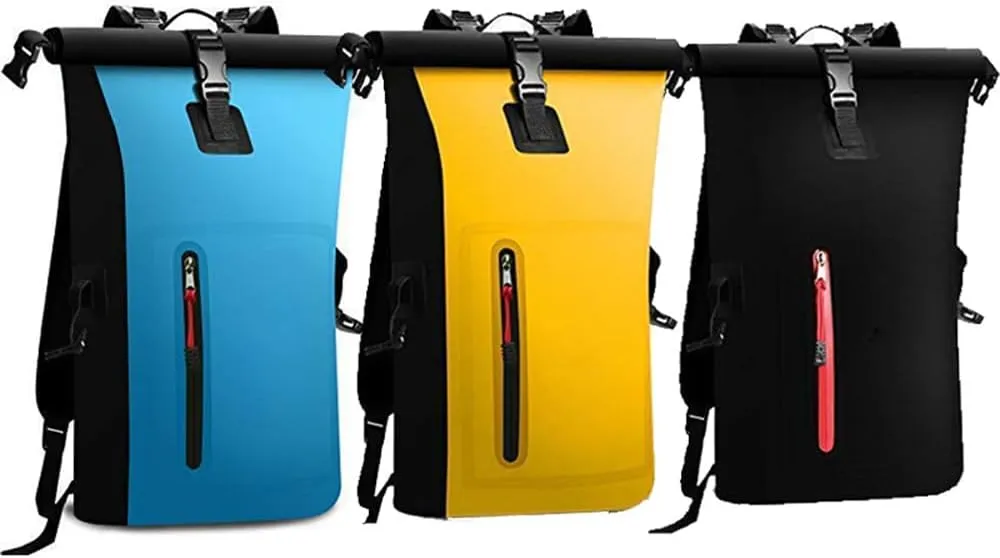 HXBER Waterproof Backpack Heavy Duty Roll-Top Closure Swim Bag with Front-Zipper Pocket, 25L, Black