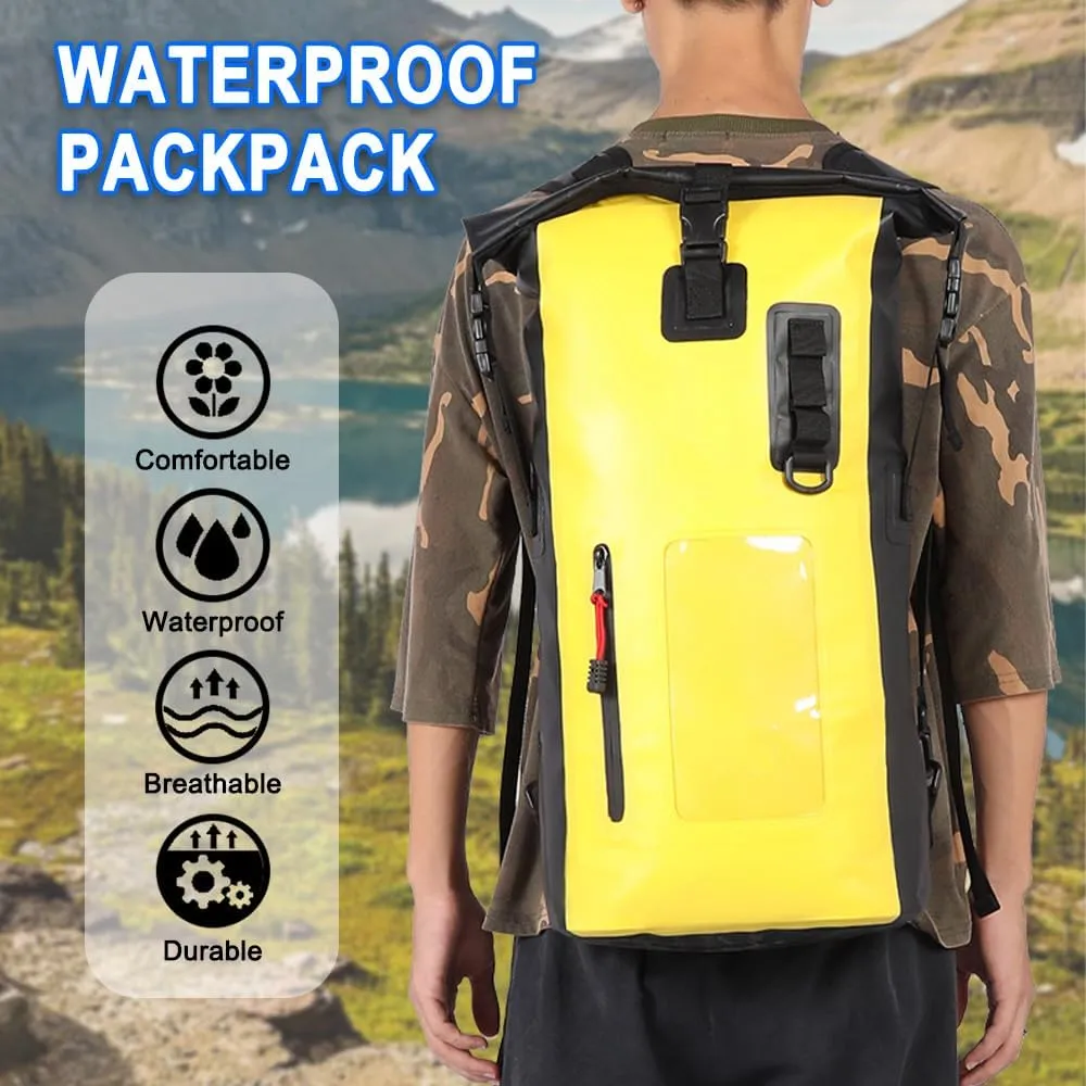 HXBER Waterproof Backpack Heavy Duty Roll-Top Closure Swim Bag with Front-Zipper Pocket, 25L, Black