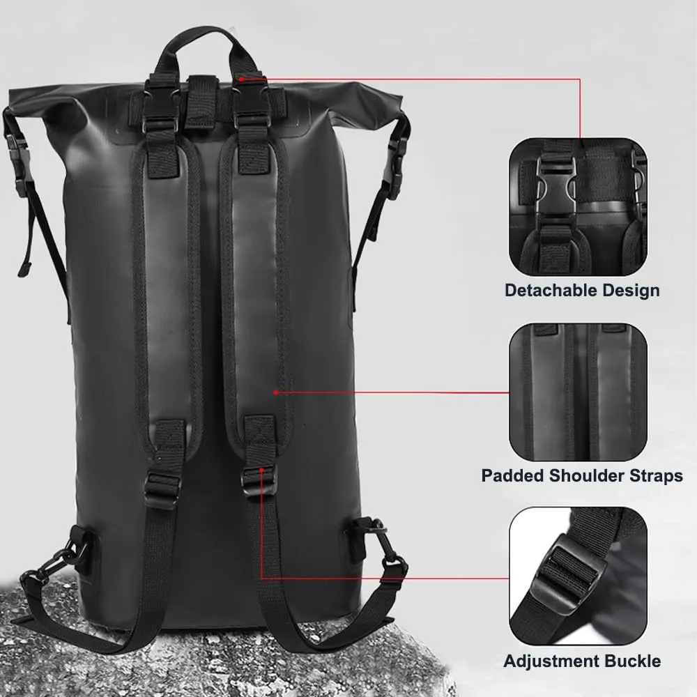 HXBER Waterproof Backpack Heavy Duty Roll-Top Closure Swim Bag with Front-Zipper Pocket, 25L, Black
