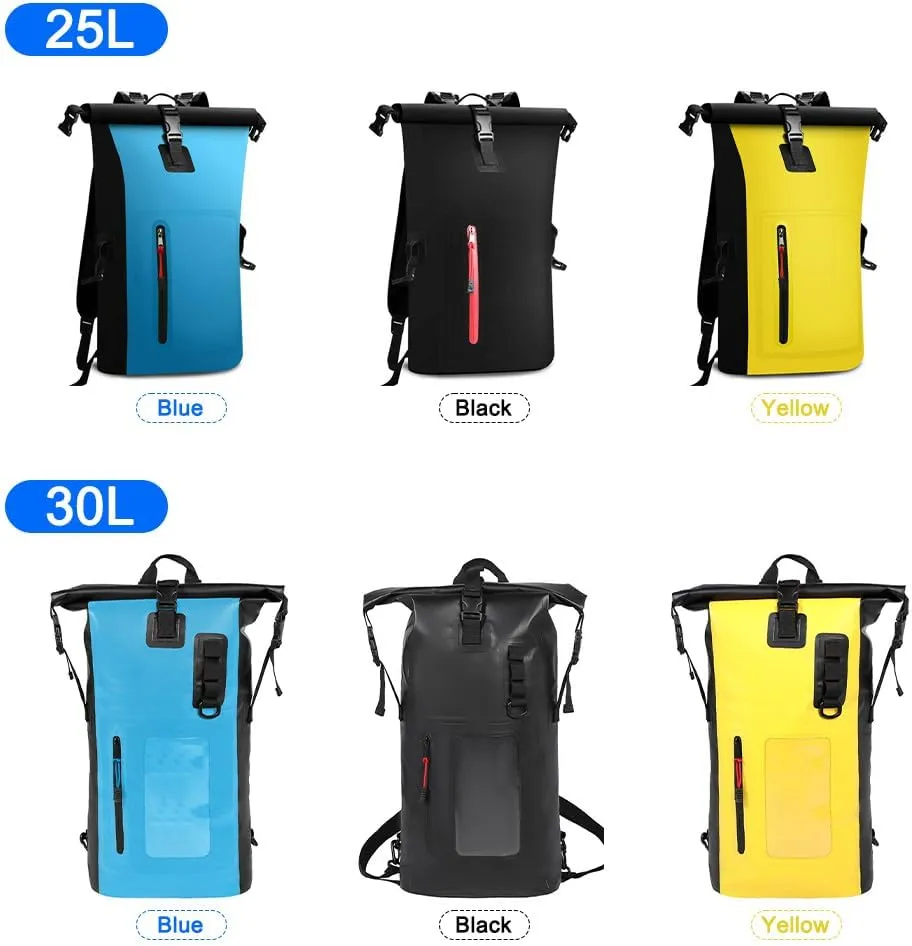 HXBER Waterproof Backpack Heavy Duty Roll-Top Closure Swim Bag with Front-Zipper Pocket, 25L, Black