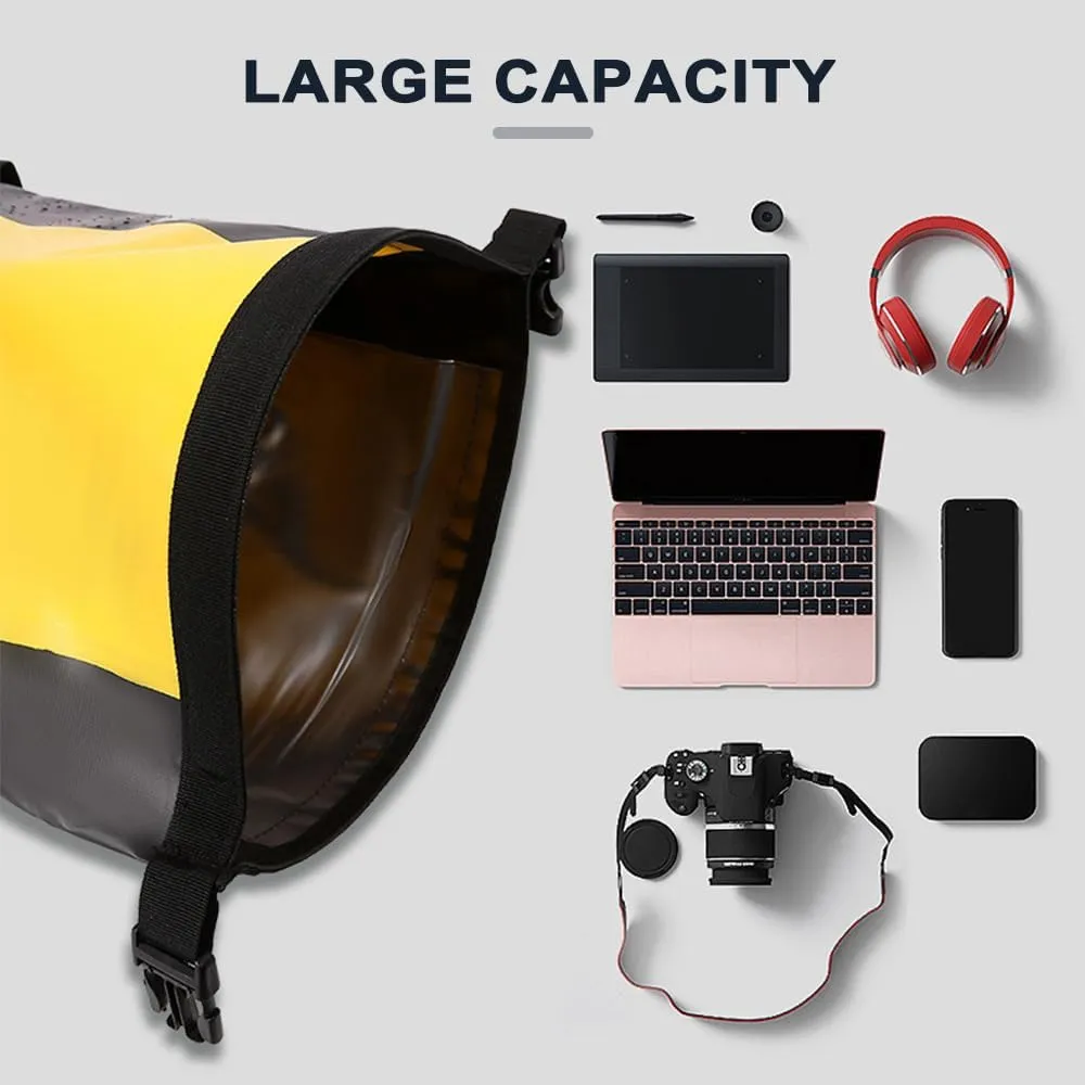 HXBER Waterproof Backpack Heavy Duty Roll-Top Closure Swim Bag with Front-Zipper Pocket, 25L, Black
