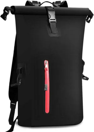 HXBER Waterproof Backpack Heavy Duty Roll-Top Closure Swim Bag with Front-Zipper Pocket, 25L, Black
