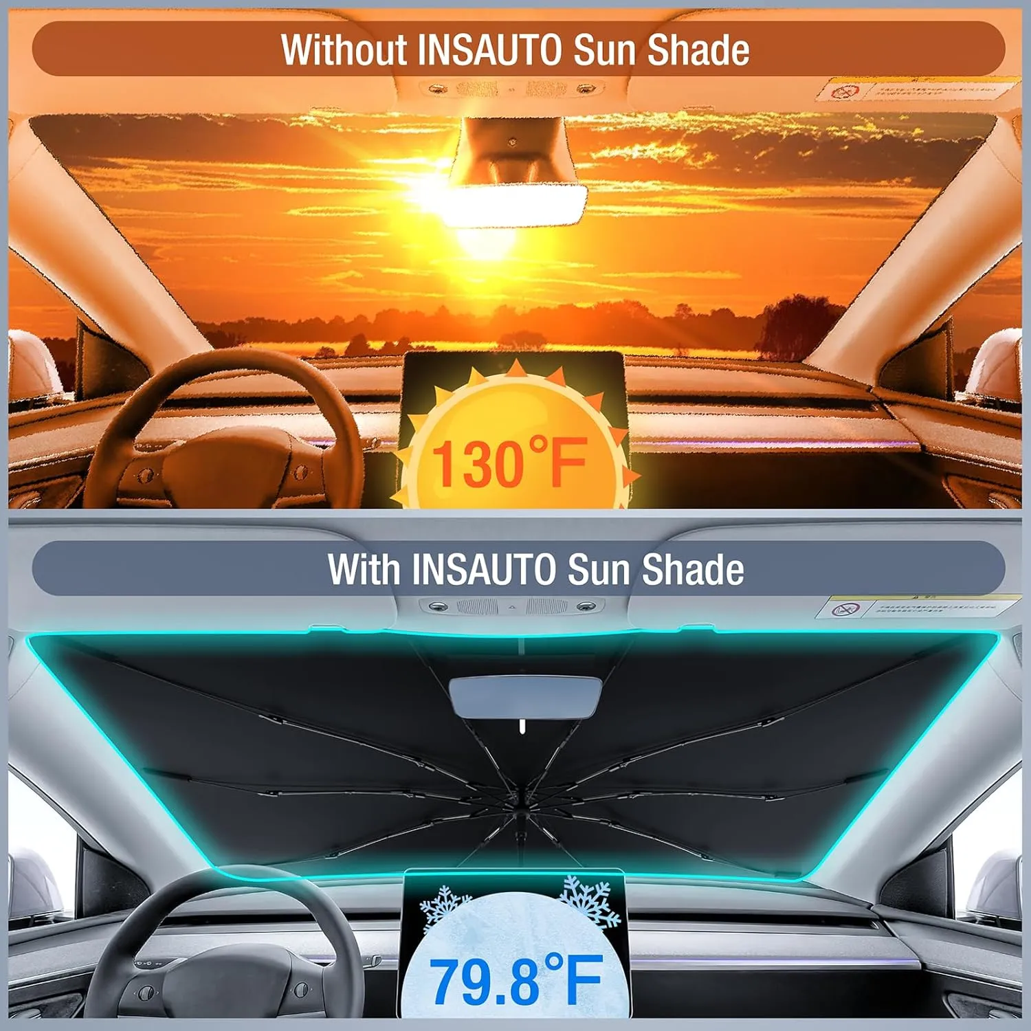 INSAUTO Windshield Sun Shade Umbrella for Dodge RAM 2500 3500 2010-2025, Foldable Front Windshield Sunshade with Storage Bag, Block Out UV Rays & Heat, Keep Car Cool