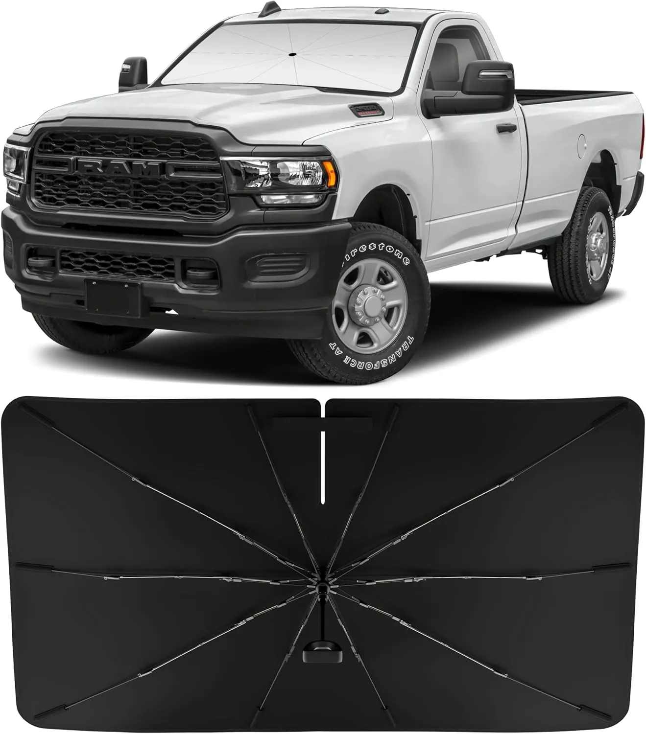 INSAUTO Windshield Sun Shade Umbrella for Dodge RAM 2500 3500 2010-2025, Foldable Front Windshield Sunshade with Storage Bag, Block Out UV Rays & Heat, Keep Car Cool