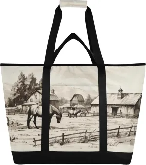 Insulated Cooler Tote Bag, Reusable Grocery Bag for Hot/Cold Food - Large Capacity, Horse and Barn Cooler Bags for Travel, Picnics, Beach, and Delivery