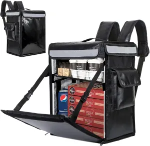 Insulated Food Delivery Backpack with Reinforced Frame and 2 Inner Spaces - 18.5" x 15" x 12.6", Open from Top and Side - Adjustable Divider, Waterproof Food Delivery Bags for Doordash, Restaurant