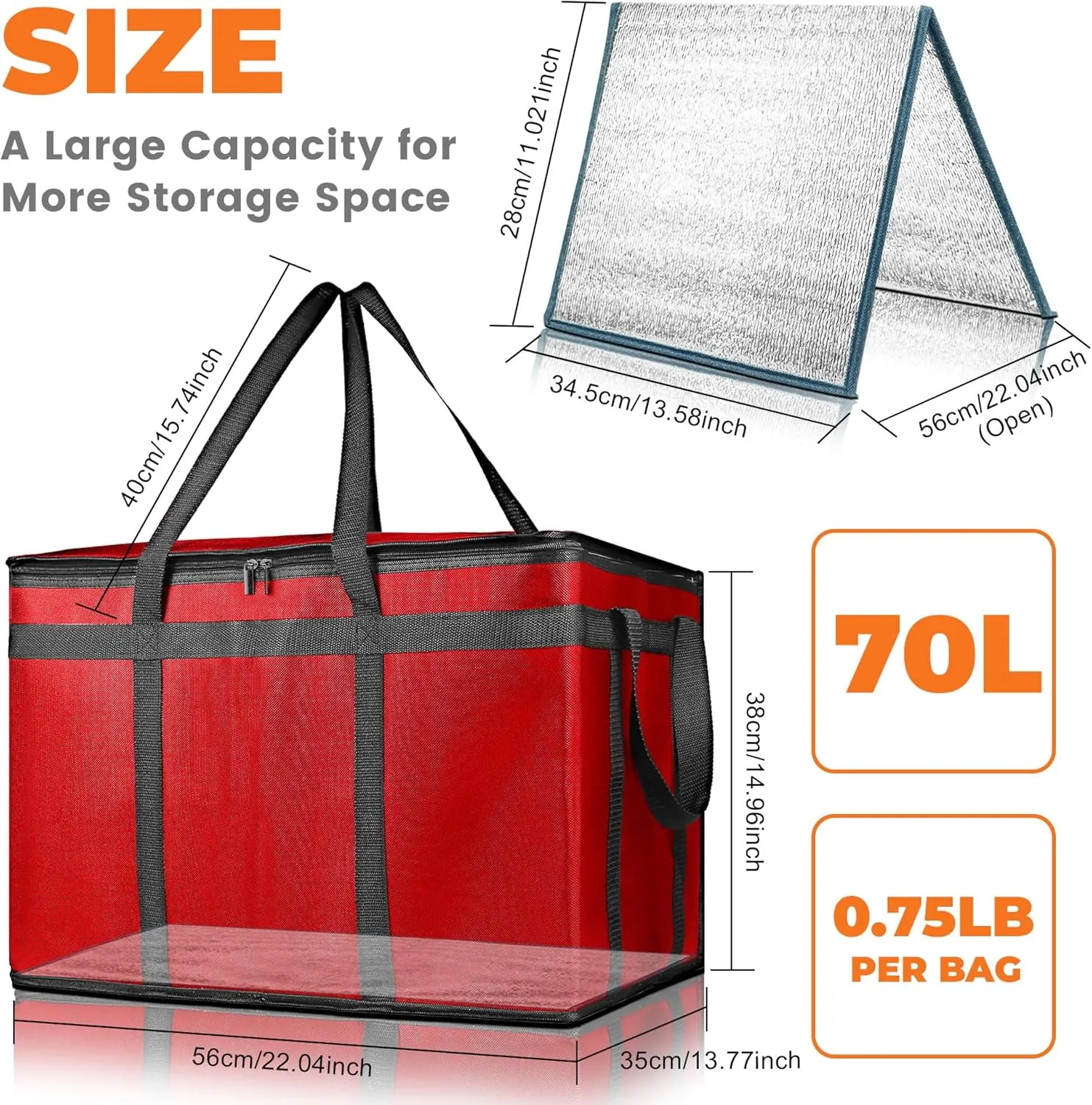 Insulated Food Delivery Bag, Commercial Grade Pizza Carrier for Hot and Cold Food, 79L Reusable Catering Cooler Bag 22x15x14, Pizza Delivery Box for Pizza,Chinese Food,