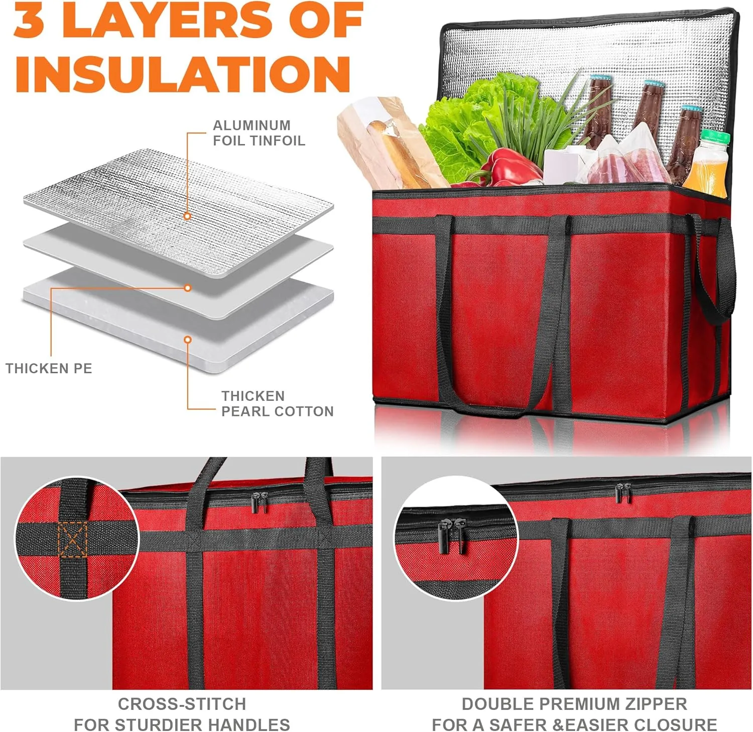 Insulated Food Delivery Bag, Commercial Grade Pizza Carrier for Hot and Cold Food, 79L Reusable Catering Cooler Bag 22x15x14, Pizza Delivery Box for Pizza,Chinese Food,