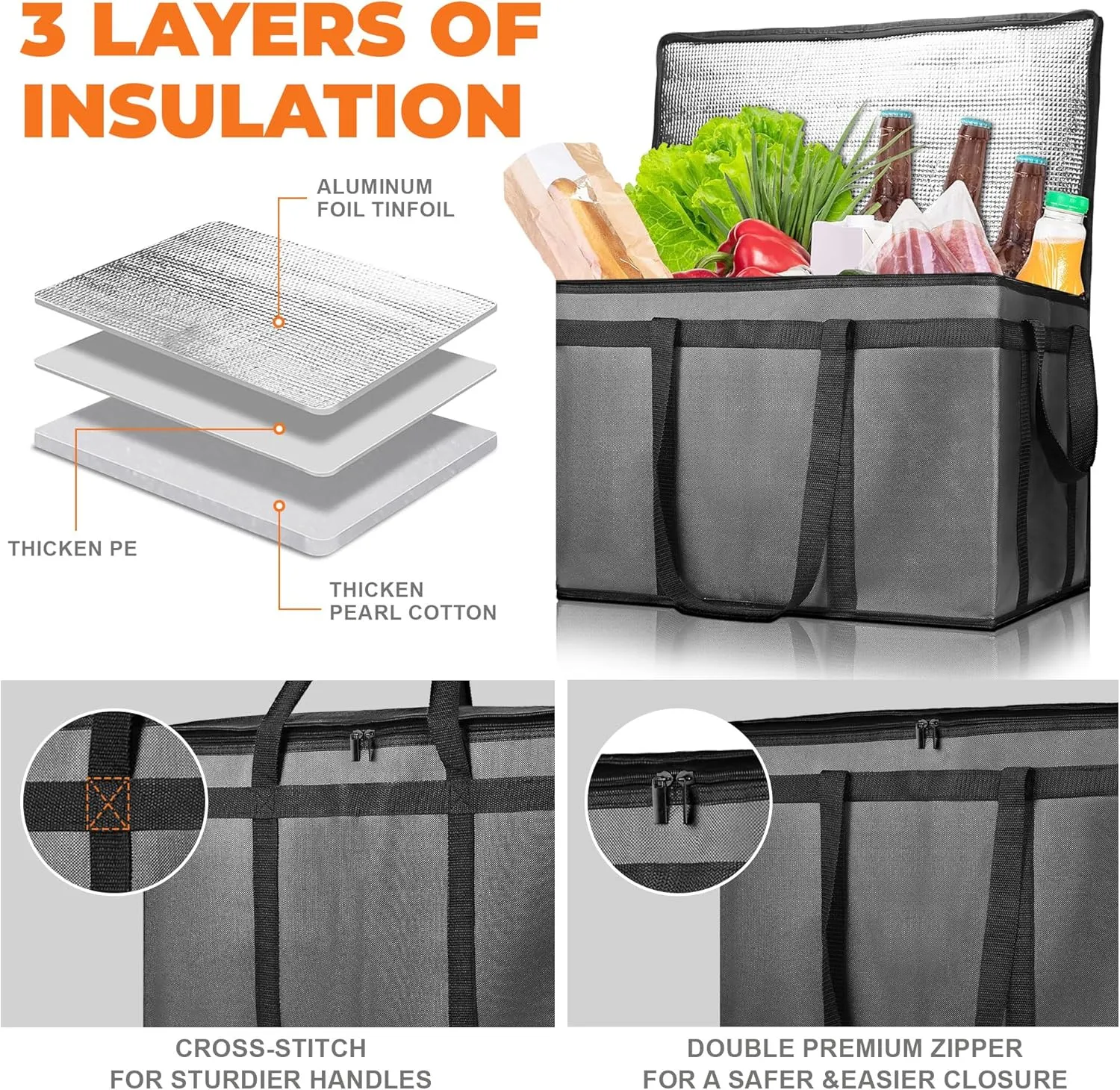 Insulated Food Delivery Bag, Commercial Grade Pizza Carrier for Hot and Cold Food, 79L Reusable Catering Cooler Bag 22x15x14, Pizza Delivery Box for Uber Eats, Doordash Essentials