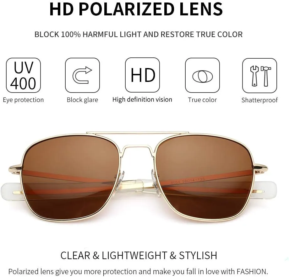 IOHLNG Mens Aviator Sunglasses Polarized 55mm Pilot Military Square Shades with Bayonet Temples