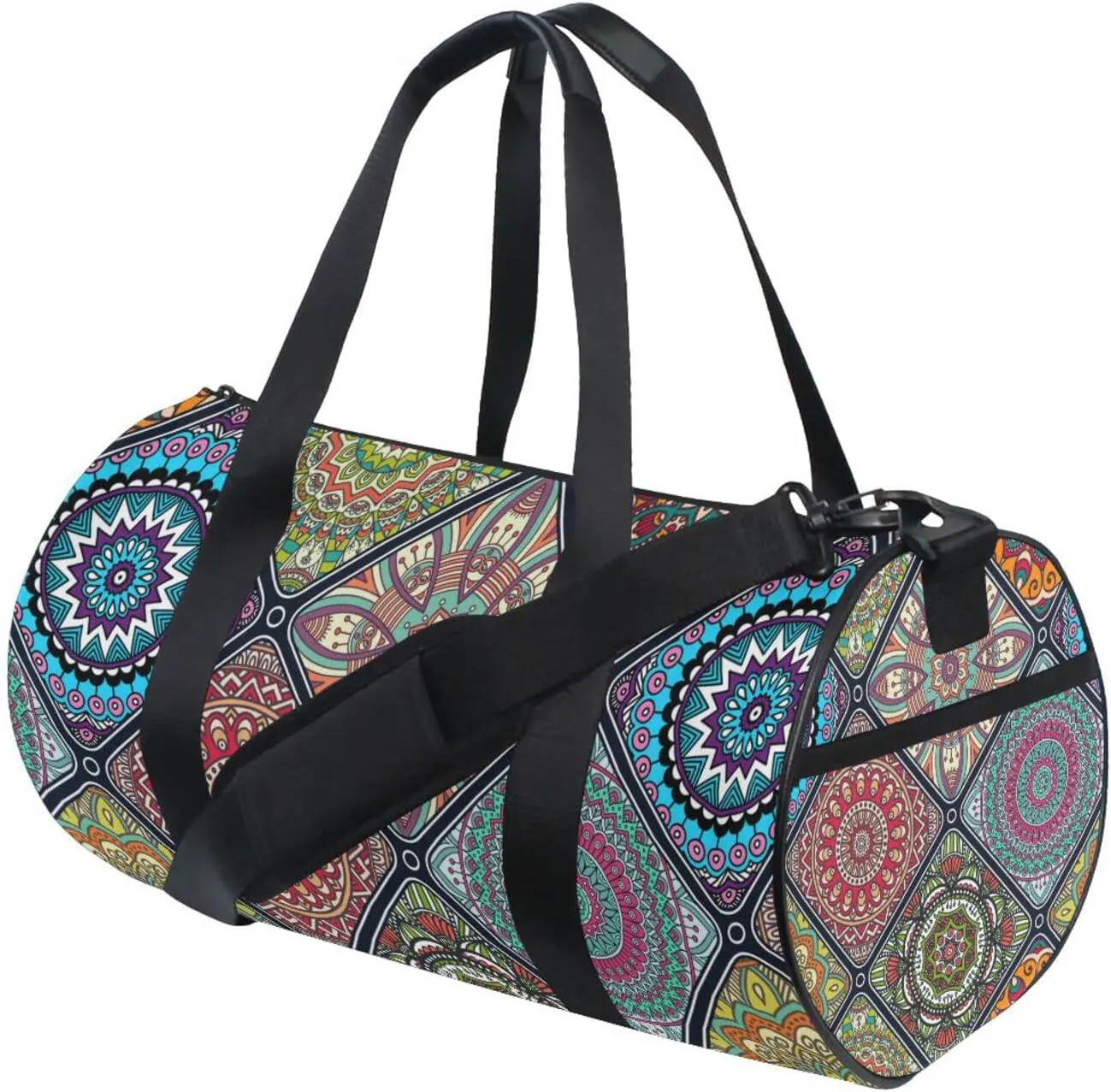 Islam, Arabic, Indian, Ottoman Motifs Tribal Mandala Floral Flower Duffel Bag, Foldable Canvas Travel Tote for Gym Sports with Inner Pockets, Durable Lightweight Fitness Bag for Overnight Workout
