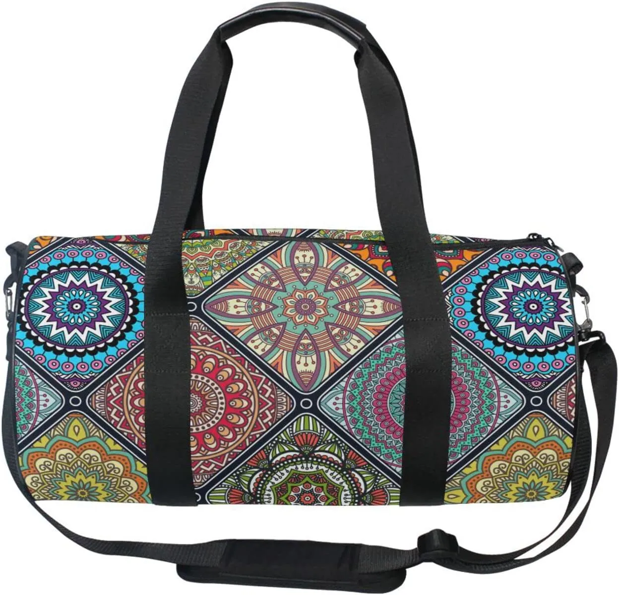 Islam, Arabic, Indian, Ottoman Motifs Tribal Mandala Floral Flower Duffel Bag, Foldable Canvas Travel Tote for Gym Sports with Inner Pockets, Durable Lightweight Fitness Bag for Overnight Workout