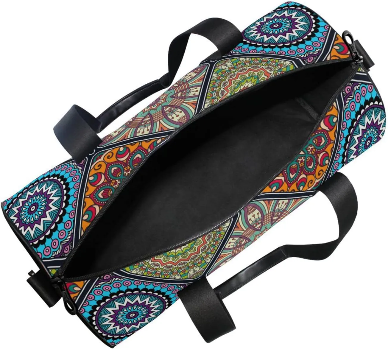 Islam, Arabic, Indian, Ottoman Motifs Tribal Mandala Floral Flower Duffel Bag, Foldable Canvas Travel Tote for Gym Sports with Inner Pockets, Durable Lightweight Fitness Bag for Overnight Workout