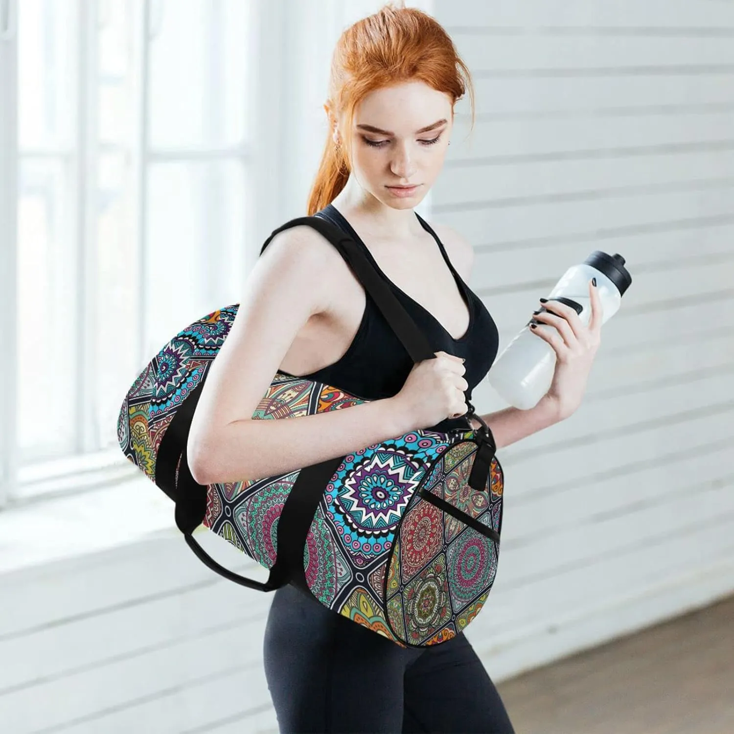 Islam, Arabic, Indian, Ottoman Motifs Tribal Mandala Floral Flower Duffel Bag, Foldable Canvas Travel Tote for Gym Sports with Inner Pockets, Durable Lightweight Fitness Bag for Overnight Workout