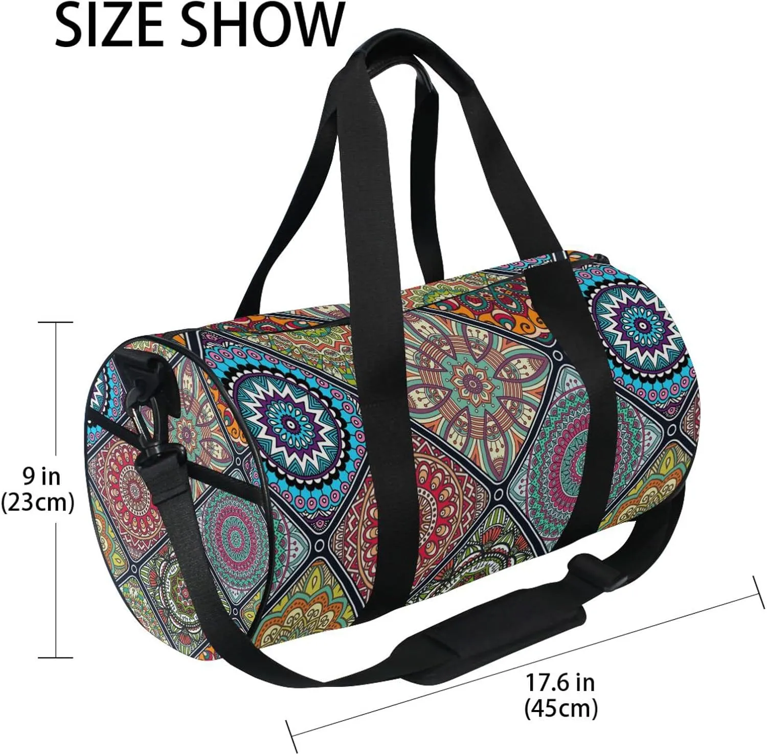 Islam, Arabic, Indian, Ottoman Motifs Tribal Mandala Floral Flower Duffel Bag, Foldable Canvas Travel Tote for Gym Sports with Inner Pockets, Durable Lightweight Fitness Bag for Overnight Workout