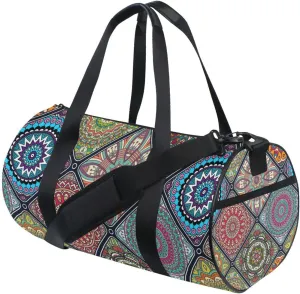 Islam, Arabic, Indian, Ottoman Motifs Tribal Mandala Floral Flower Duffel Bag, Foldable Canvas Travel Tote for Gym Sports with Inner Pockets, Durable Lightweight Fitness Bag for Overnight Workout