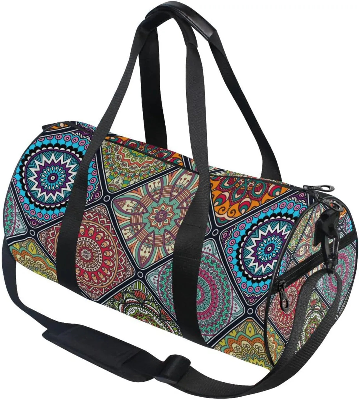 Islam, Arabic, Indian, Ottoman Motifs Tribal Mandala Floral Flower Duffel Bag, Foldable Canvas Travel Tote for Gym Sports with Inner Pockets, Durable Lightweight Fitness Bag for Overnight Workout